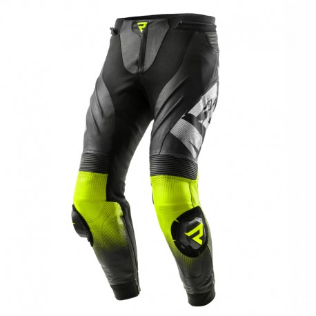 SPODNIE MOTOCYKLOWE SKÓRZANE REBELHORN INFERNO BLACK WHITE FLUO YELLOW 46